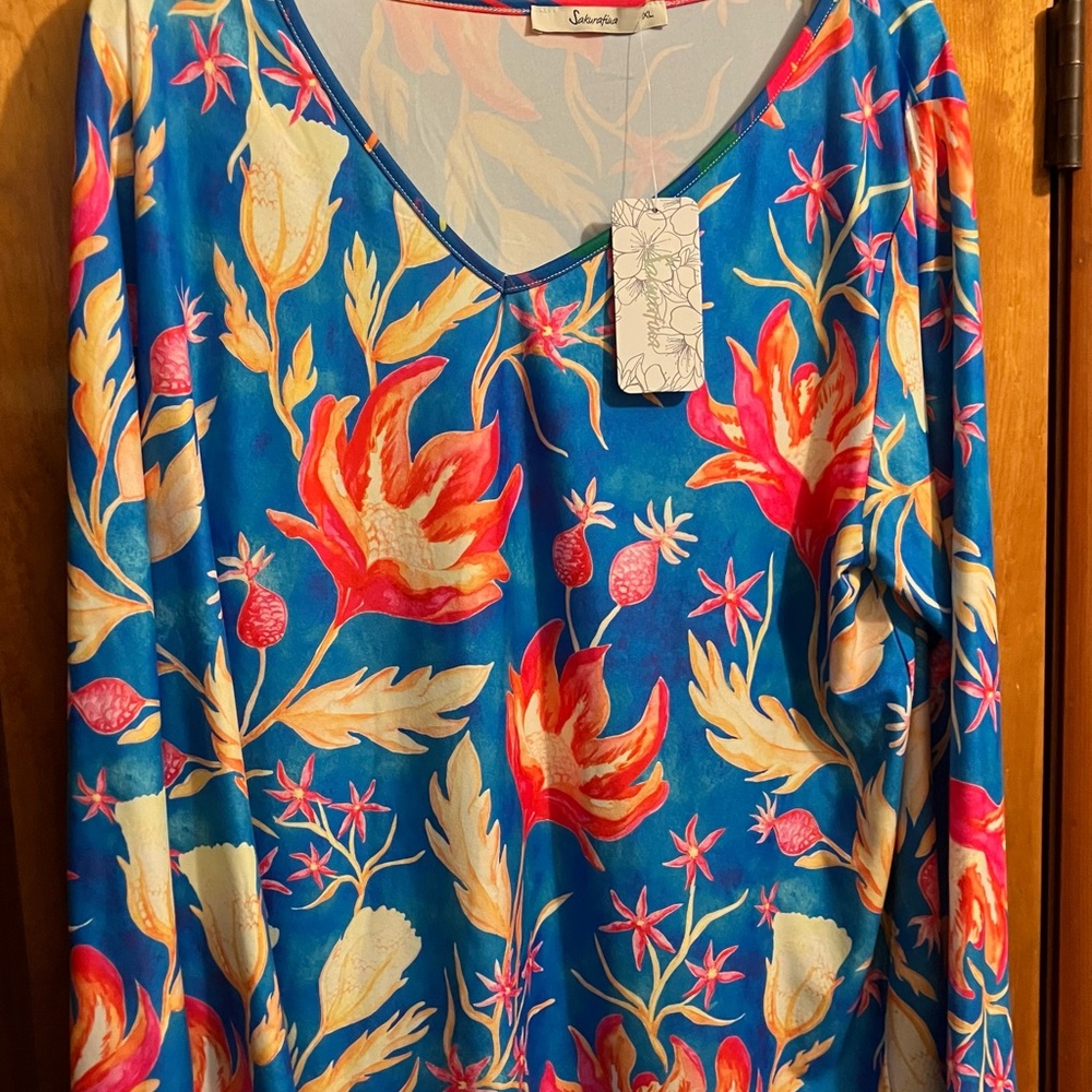 Sakura Women's Vibrant Floral Blue Blouse 1X